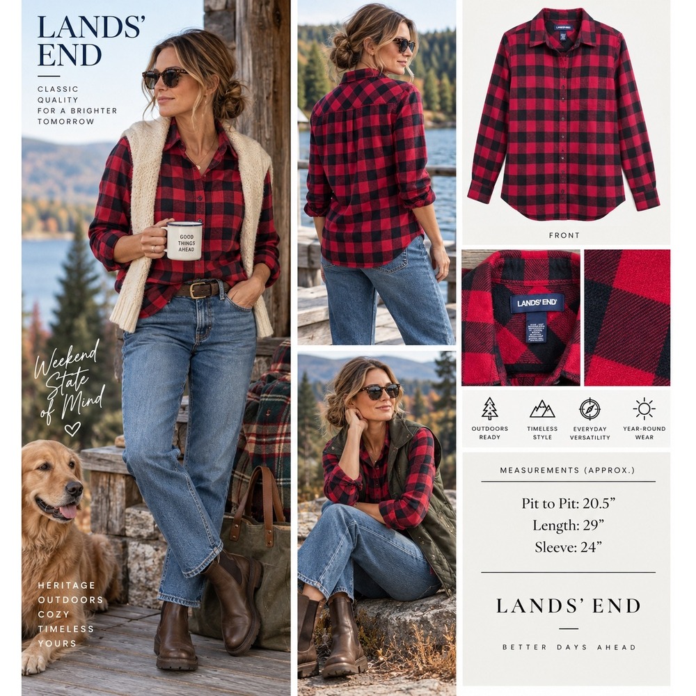 Lands' End Women 16 Tall Buffalo Plaid Flannel Shirt Red Black Heritage Gorpcore